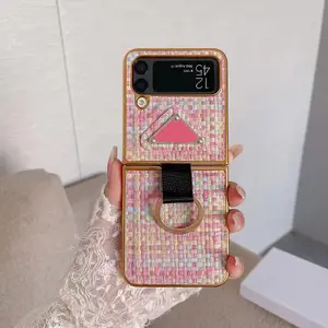 Weave Designer Phone Case for Samsung Galaxy Z Flip 7 6 5 4 3 Luxury PU Leather Chromed Back Cover Strap Lanyard Finger Ring Holder Fundas Coque Shell Rainbow Pink