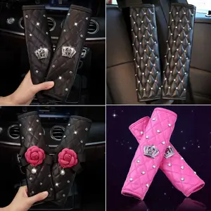 Safety Belts Accessories 2pcs Fashion Rhinestone Leather Car Sefety Seat Belt Cover Crystal Crown Universal Shoulder Pad Car Styling Interior Accessories T221212