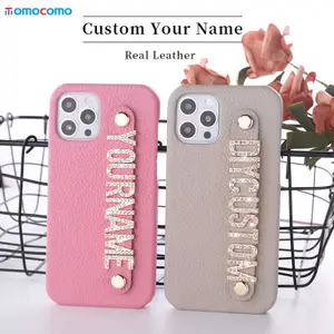 Cell Phone Cases Custom Name Real Cowhide Leather Case For i 11 12 13 Pro Mini Max 14 14ProMax 14PRO Diamond Metal Letters Cover Coque W221014
