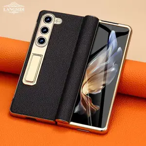 Leather Phone Case for Samsung Galaxy Z Fold 6 5 4 3 Fold6 Fold5 Gold Plating Magnetic Hinge Stand Back Cover with Mirror Film