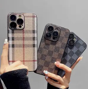 phone case, grid, trendy leather, suitable for all-inclusive protective case, men's and women's high-end checkerboard 250711