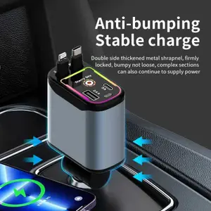 120W Retractable Car Charger With USB Type C Cable 4 in 1 Fast Charging Car Phone Charger With RGB Ambient Light Starry Sky Lamp G250711