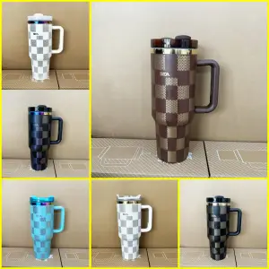 1200ml 40Oz Stainless Steel Mug Coffee Cup Thermal Travel Car Auto Mugs Thermos Tumbler with Handle Chessboard Chequer Fashion