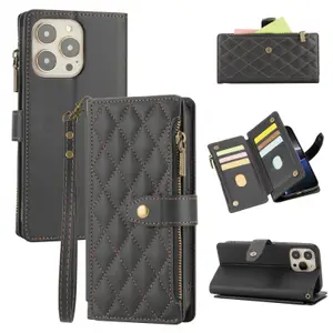 Quilted Leather Wallet Phone Case with Card Slots, Zipper & Wrist Strap, Protective Flip Cover for Mobile Phones