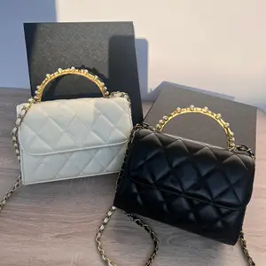 Designer Women Lady Evening Shoulder Bag Box Plaid Pattern C Phone Storage Case with Pearls Diamonds Logo Handle VIP GIFT