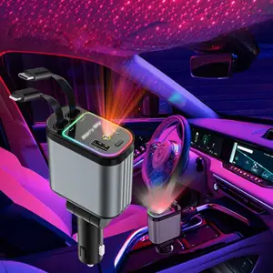 4 in 1 Retractable 2 Type C PD Cables Starry Sky Ambient Light Fast Charging Car Phone Charger Station Quick Adapter