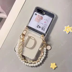 Dia D Love Pearl Leather Bracelet Chain Transparent Hinge Phone case For Samsung Galaxy Z Flip 7 6 5 4 3 flip6 zflip7 Cover