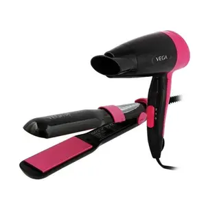 Vega Miss Perfect Hair Styling Set with 2 Heat Settings, Ceramic Coated Plates, Black (VHSS01)