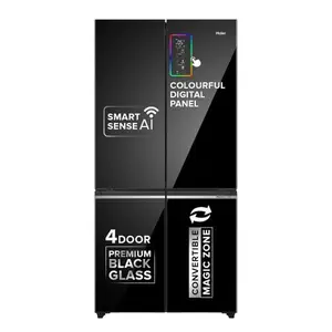Haier 630 Litres Convertible 4 Door Side by Side Wi-Fi Refrigerator | Colorful Digital Display with Motion sensor | Magic Cooling | Toughened Glass (Black Glass)