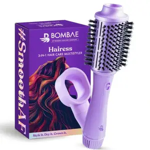 Bombae Hairess Ionic 3-in-1 Multistyler | Hot Air Brush Dryer, Volumizer, & Straightener | Curl, Straighten & Wave | Cool Shot Drying & Frizz-Free Styling | 1200 W (Lavender)