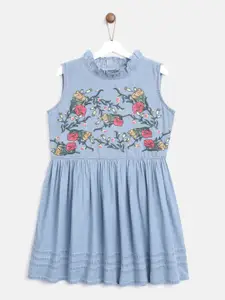 YK Girls Blue Embroidered A-Line Dress