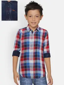 Palm Tree Boys Red & Blue Regular Fit Reversible Checked Casual Shirt