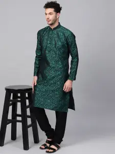 SOJANYA Men Green & Black Jacquard Woven Design Kurta with Churidar