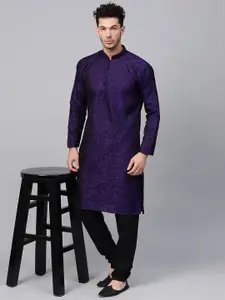 SOJANYA Men Purple & Black Jacquard Woven Design Kurta with Churidar