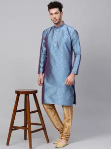 SOJANYA Men Blue & Golden Self Design Dual Tone Straight Kurta with Churidar