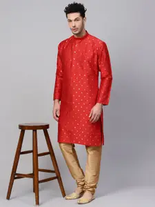 SOJANYA Men Red & Golden Self Design Kurta with Churidar