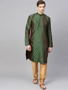 SOJANYA Men Green & Beige Self Design Kurta with Churidar