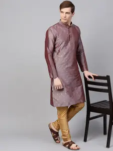 SOJANYA Men Mauve & Beige Self Design Kurta with Churidar