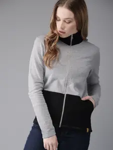 Campus Sutra Women Grey Melange & Black Colourblocked Sweatshirt