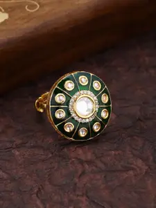 Peora Women 18K Gold Plated Green Meena Work Kundan Pearl Adjustable Ring