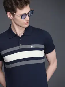 WROGN Men Navy Blue  White Striped Slim Fit Polo Collar Pure Cotton T-shirt