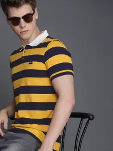 WROGN Men Mustard Yellow  Navy Blue Striped Slim Fit Polo Pure Cotton T-shirt