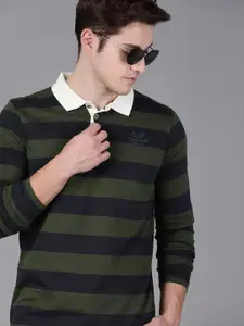 WROGN Men Olive Green & Navy Blue Striped Polo Collar T-shirt