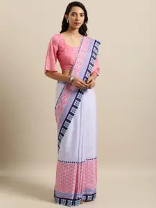 Kvsfab Blue & Coral Pink Silk Cotton Printed Saree