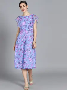 Ethnovog Women Blue  Pink Floral Printed Made to Measure Fit and Flare Dress