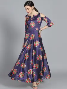 Ethnovog Women Navy Blue  Pink Printed Made to Measure Maxi Gown