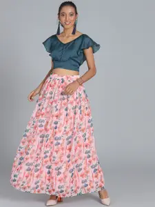 Ethnovog Teal Blue  Pink Made to Measure Printed Lehenga with Blouse