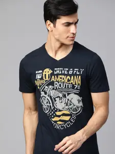 Roadster Men Navy Blue & Yellow Printed Round Neck T-shirt