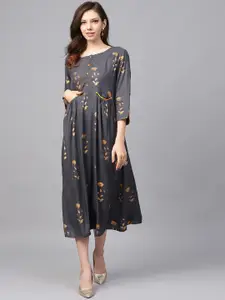 Varanga Women Charcoal Grey & Golden Floral Printed A-Line Dress