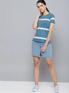 DILLINGER Women Blue  Off-White Striped Round Neck Pure Cotton T-shirt
