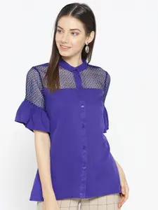 Karmic Vision Women Blue Solid Semi-Sheer Shirt Style Top