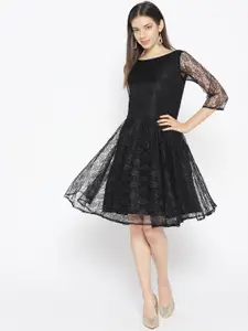 Karmic Vision Women Black Lace Fit and Flare Dress