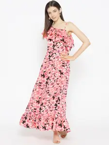 Karmic Vision Women Pink & Black Floral Printed Maxi Dress