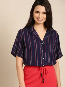 DressBerry Women Navy Blue & Red Regular Fit Striped Casual Shirt