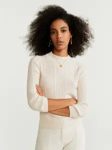 MANGO Women Off-White Self-Striped Sweater