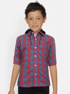 Palm Tree Boys Red & Blue Regular Fit Checked Hodded Casual Shirt