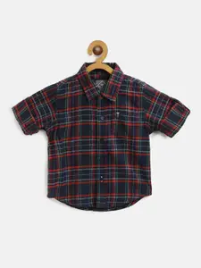 Palm Tree Boys Navy Blue & Red Regular Fit Checked Casual Shirt