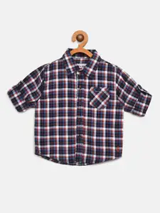 Gini and Jony Boys Navy Blue & Rust Red Regular Fit Checked Casual Shirt