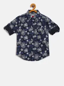 Gini and Jony Boys Navy Blue & White Regular Fit Printed Casual Shirt