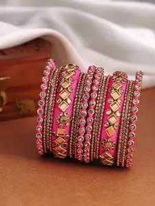 Peora Women Set of 16 Gold-Plated Magenta Ethnic Handmade Silk Thread Stone Studded