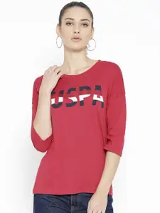 U.S. Polo Assn. Women Red Printed Detail Round Neck T-shirt