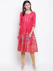 Rangriti Women Pink & Golden Printed A-Line Kurta