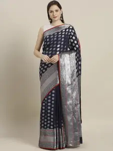 Sugathari Navy Blue & Silver-Toned Art Silk Woven Design Saree