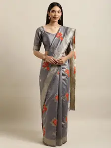 Kvsfab Grey & Orange Silk Cotton Woven Design Saree