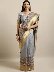 Kvsfab Grey & Gold-Toned Silk Blend Woven Design Saree
