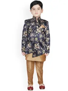 SG YUVRAJ Boys Gold-Coloured & Navy Blue Floral Printed Kurta with Trousers & Jacket